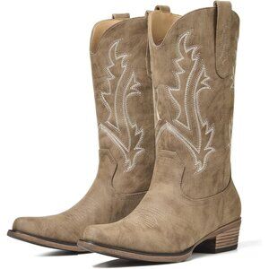Women Camel Daily Wear with Pointed Toe Chunky Heel Embroidered Cowgirl Boots